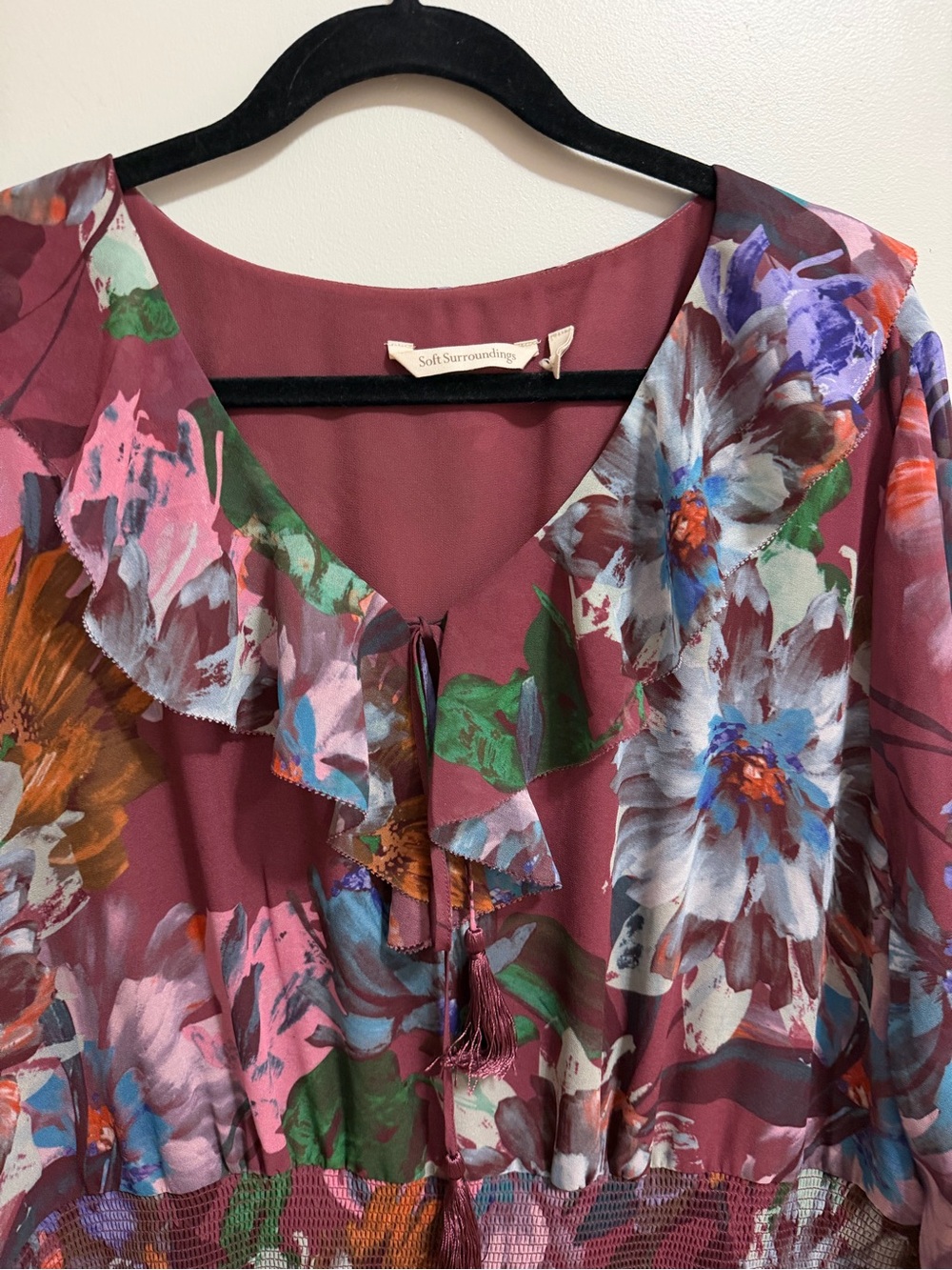 Soft Surroundings Floral Ruffle Maxi Dress Maroon Burgundy Plus Size 3X - Picture 2 of 12